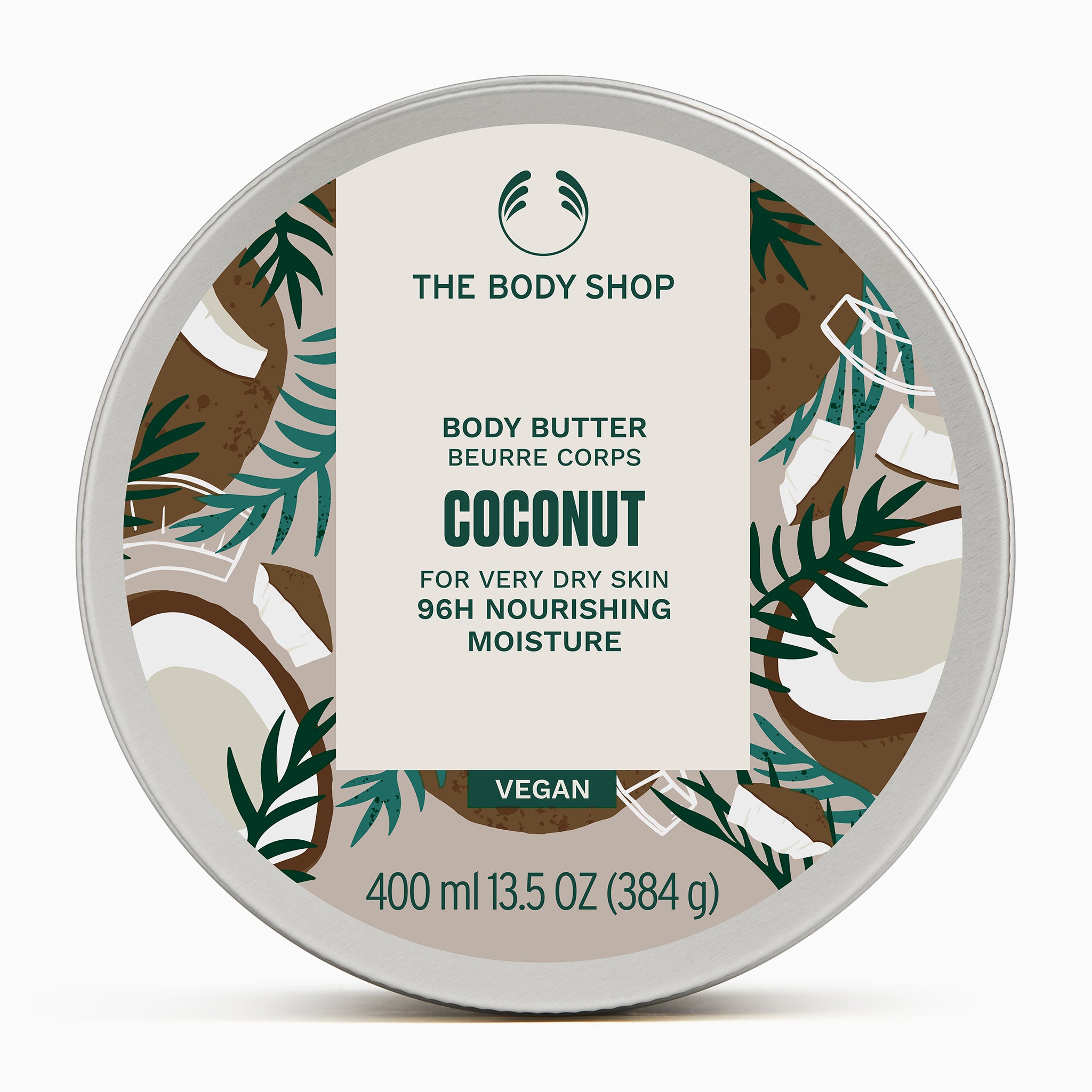 The Body Shop Coconut Body Butter 400ml on white marble surface, showcasing tropical design and moisturizing properties