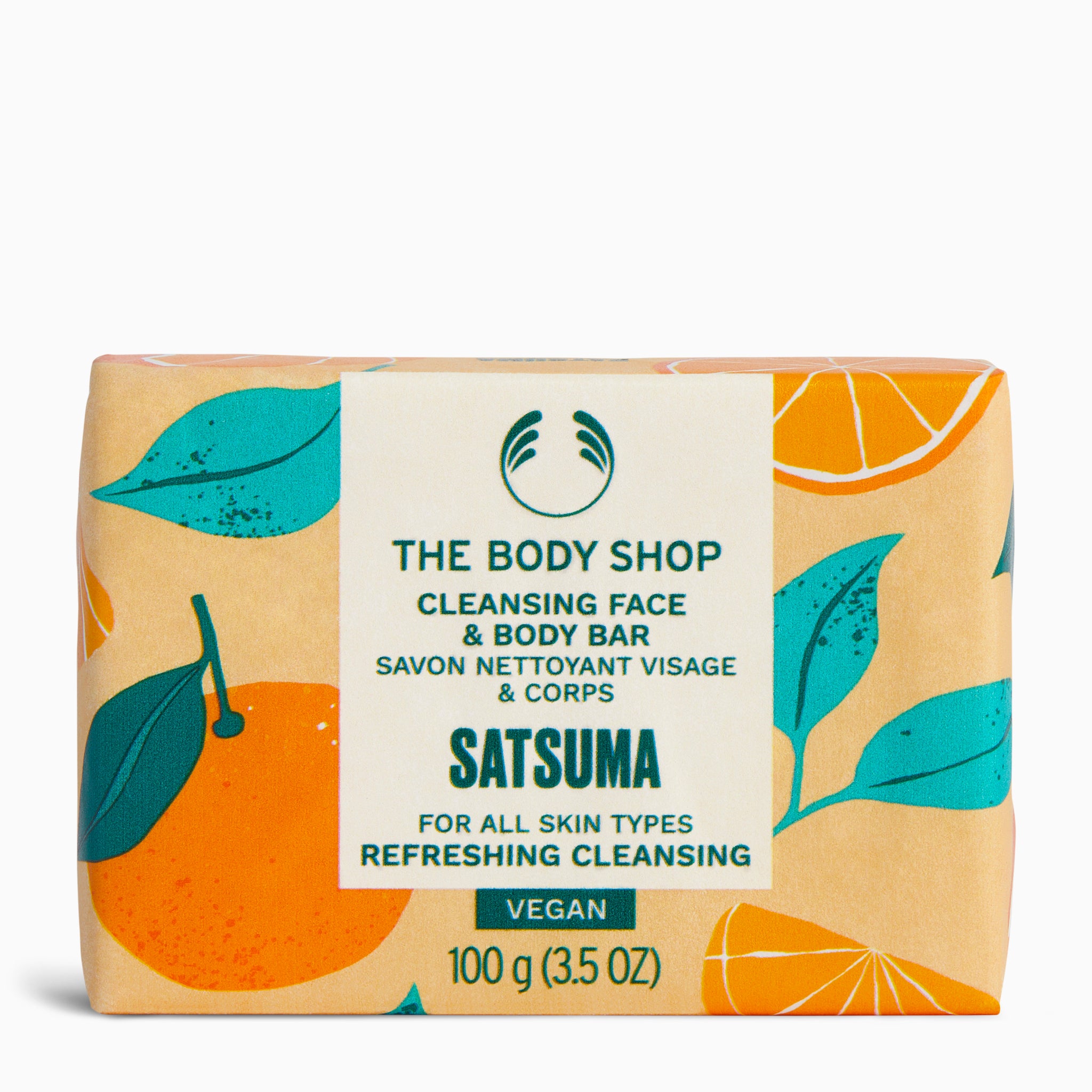 Colorful The Body Shop Satsuma Cleansing Face & Body Bar 100g on clean background showcasing refreshing properties