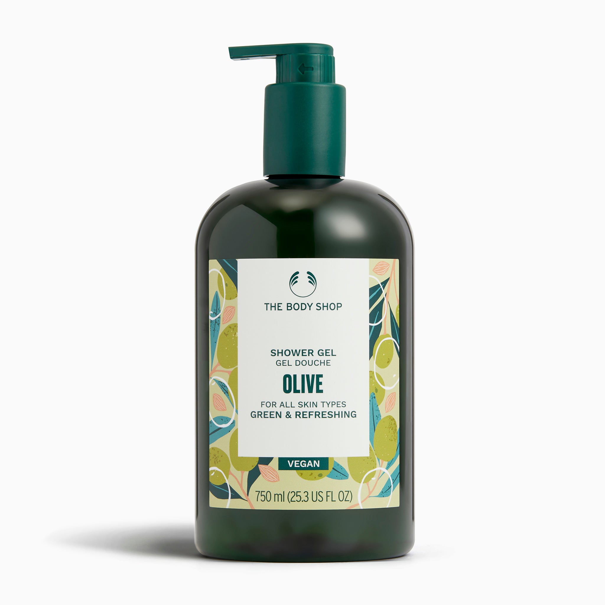 Bottle of The Body Shop Olive Shower Gel 750 ML with clean packaging on a neutral background.