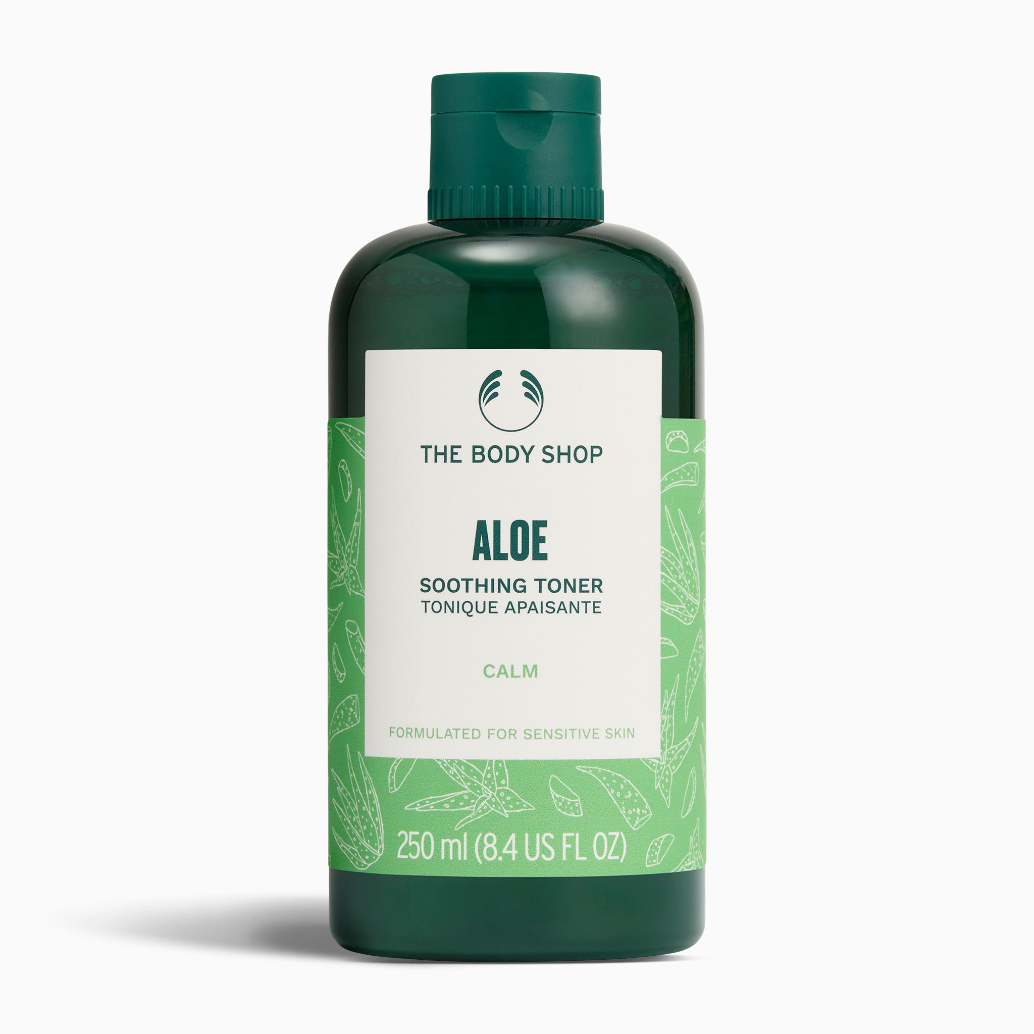 The Body Shop Aloe Soothing Toner 250ml against clean backdrop, highlighting its calming properties for sensitive skin.
