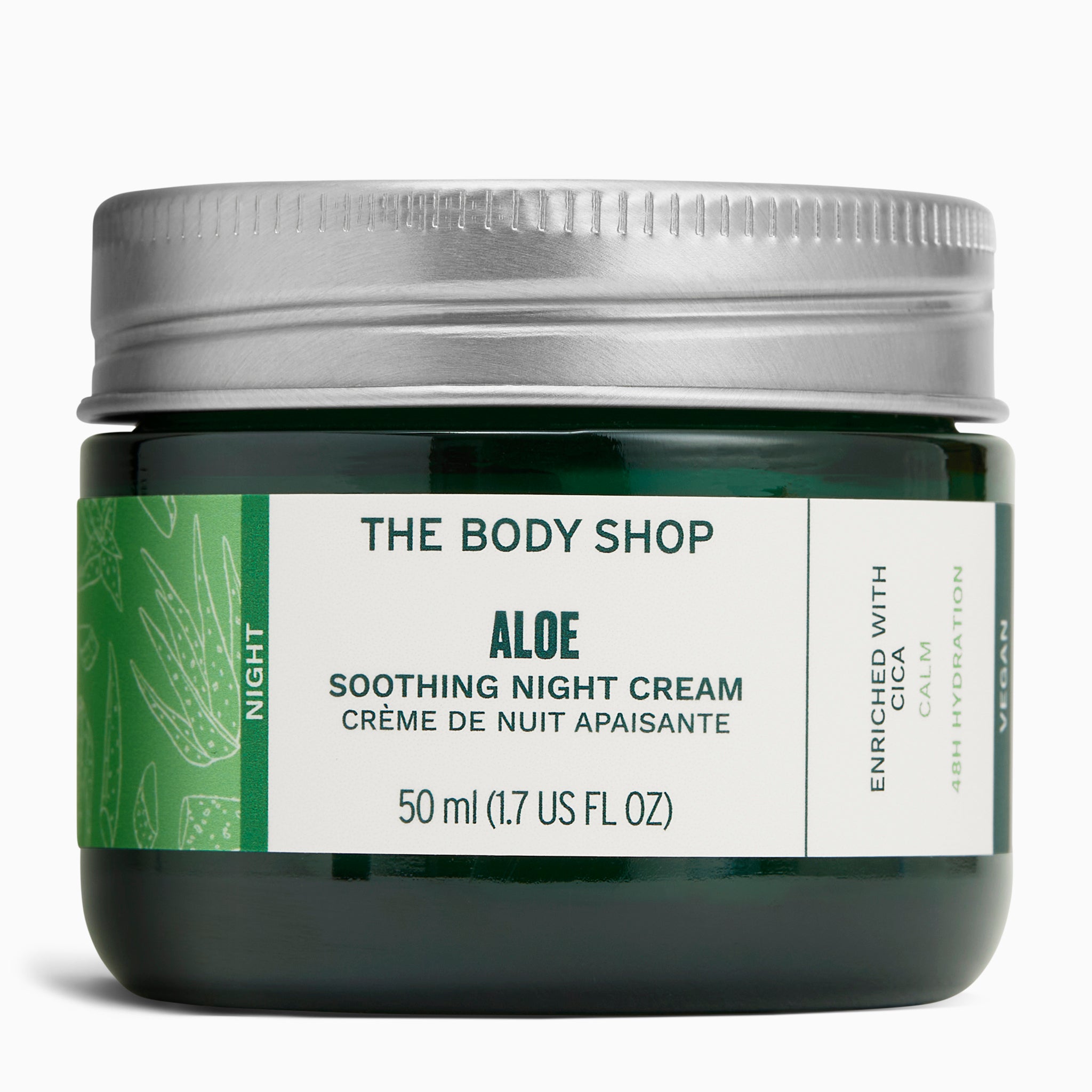 The Body Shop Aloe Soothing Night Cream 50 ML in a clear glass jar with a silver lid against a white background