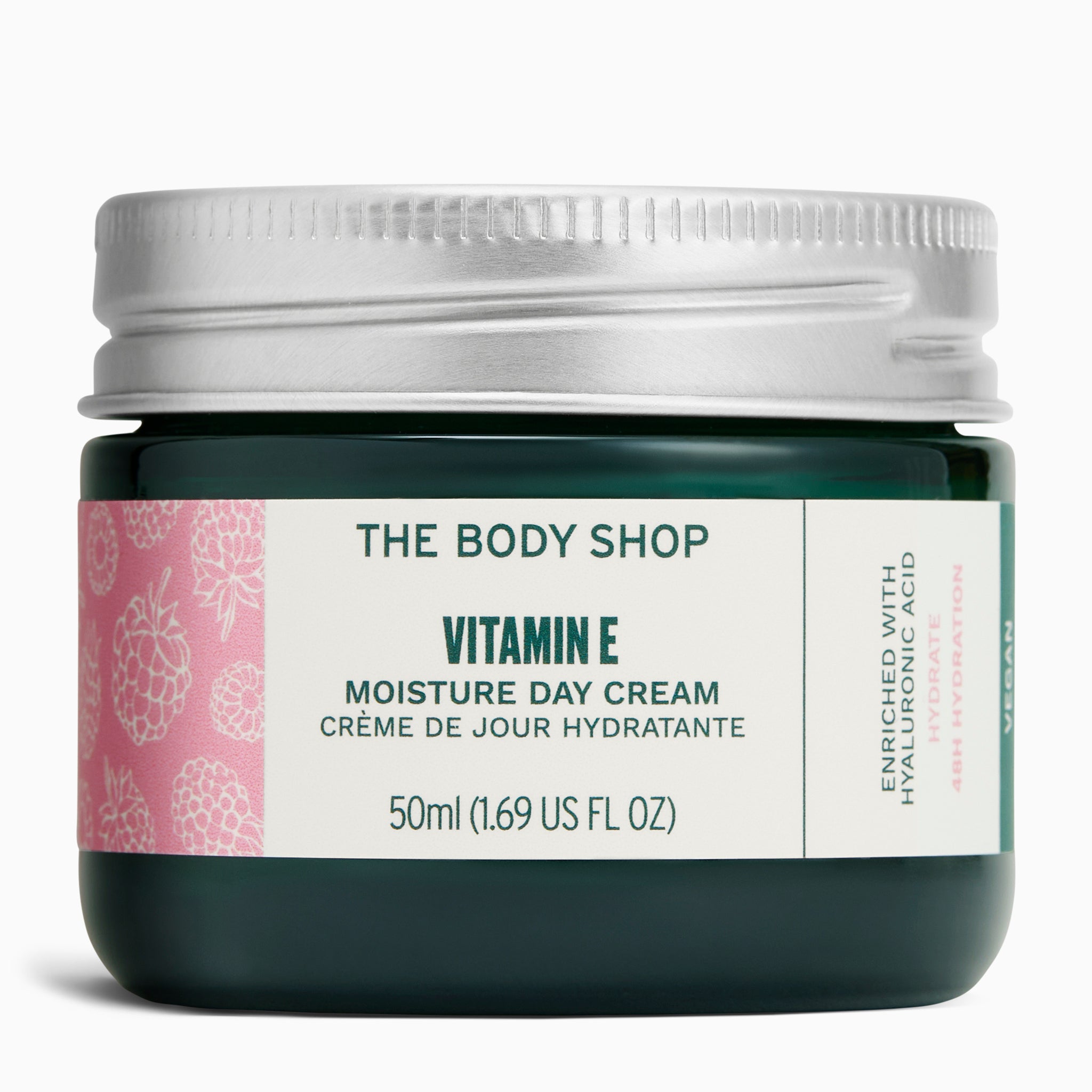 Close-up of The Body Shop Vitamin E Moisture Day Cream 50ML against a clean background