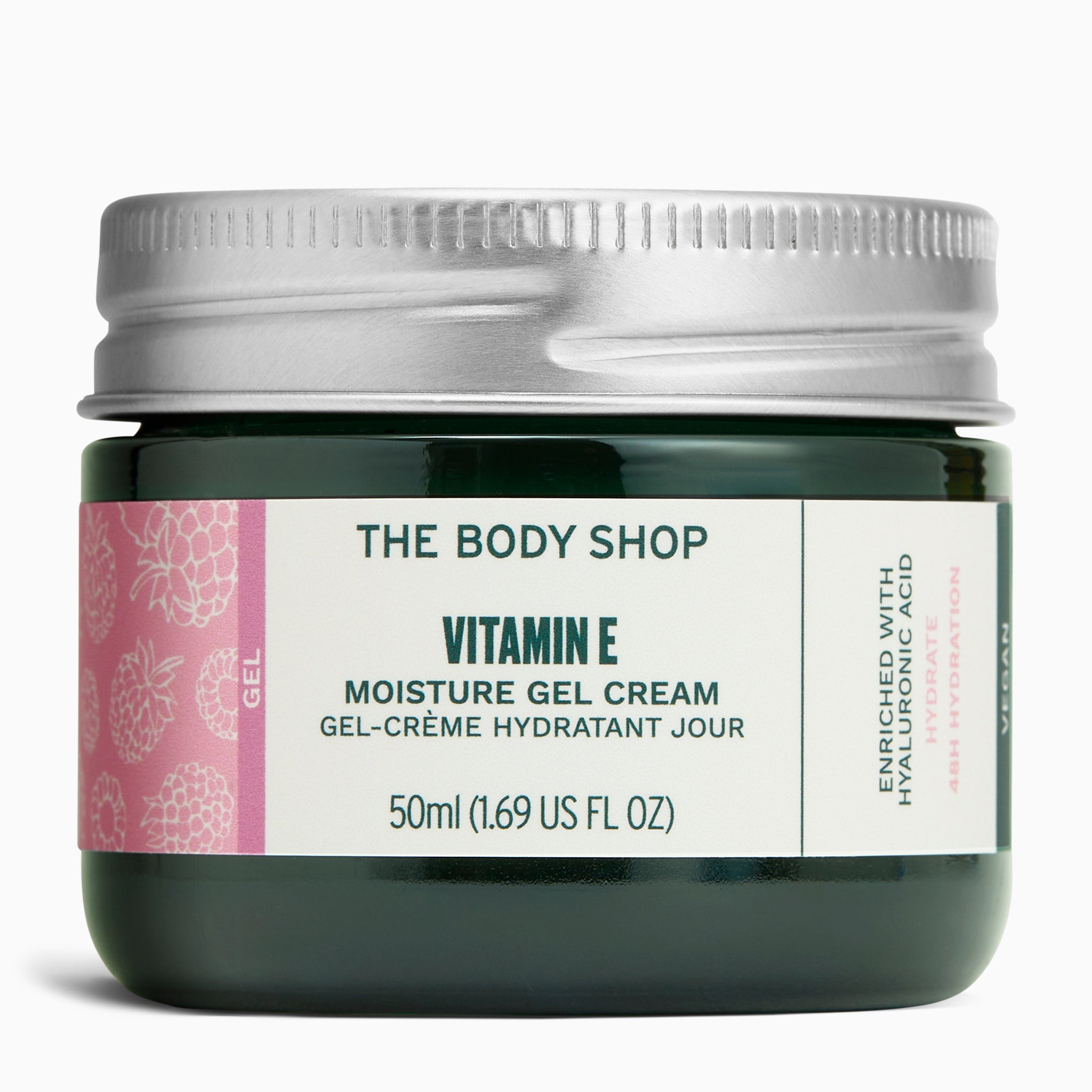 Close-up of The Body Shop Vitamin E Moisture Gel Cream 50ml showcasing its label with hydrating features.