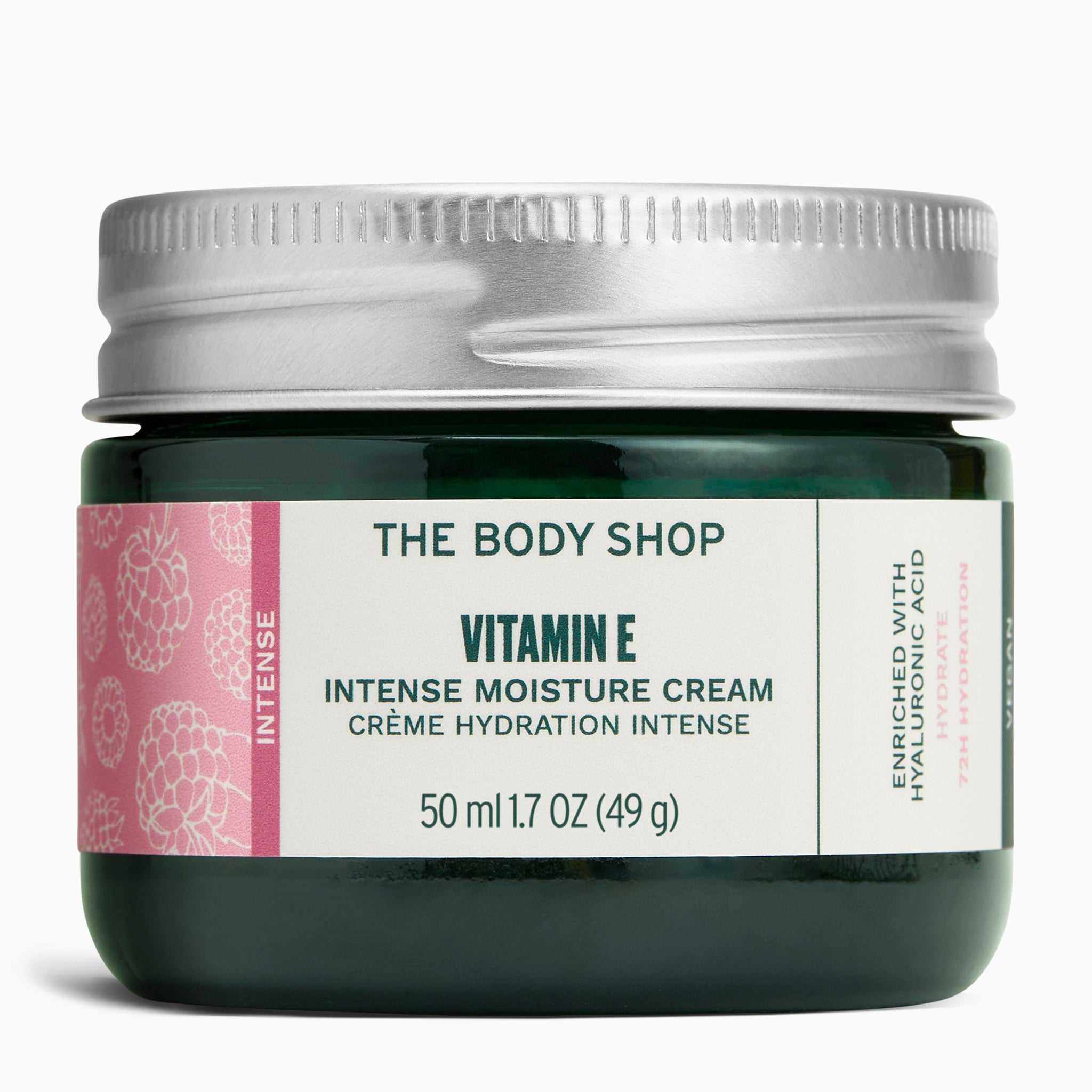 A jar of The Body Shop Vitamin E Intense Moisture Cream 50ML showcasing its packaging design.