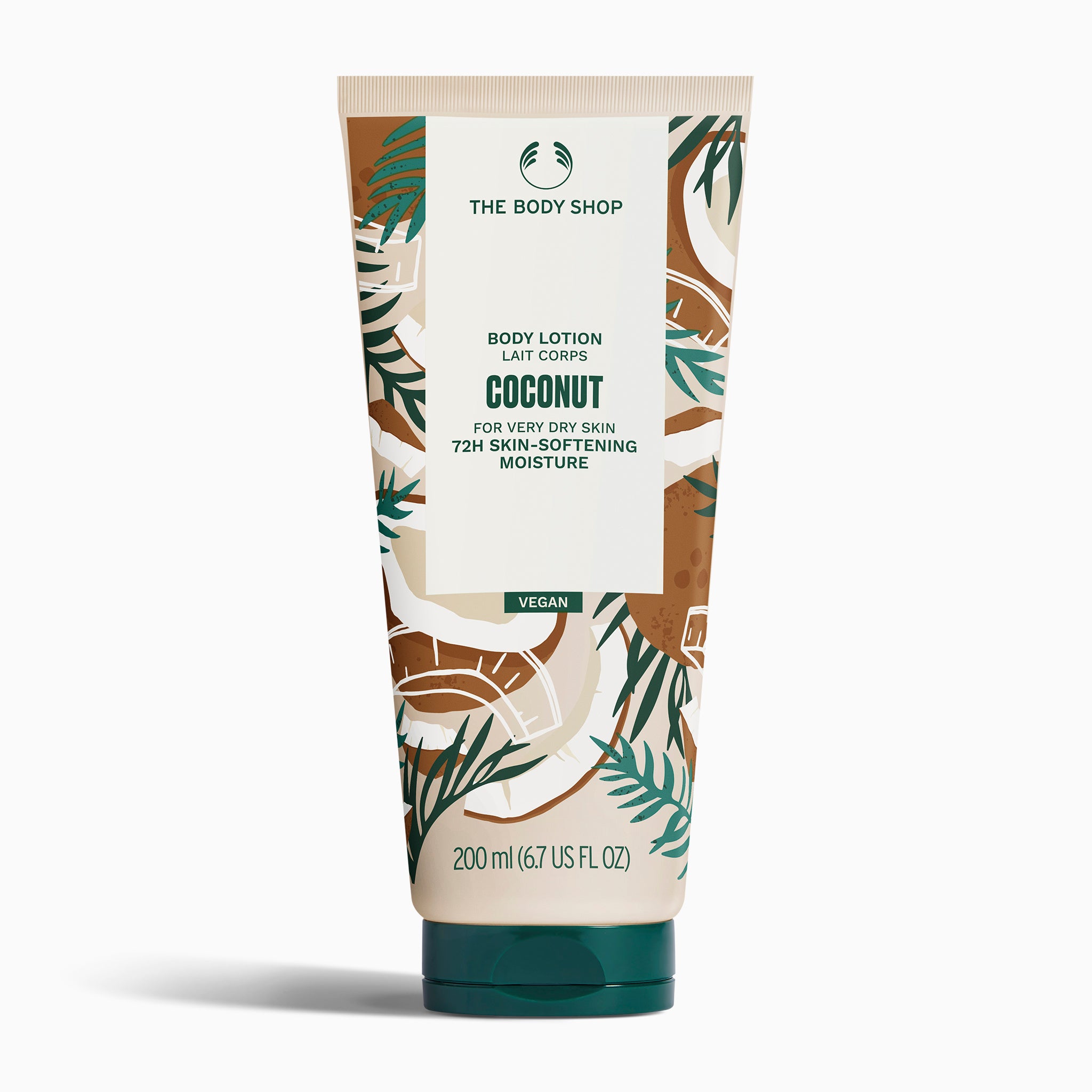 The Body Shop Coconut Body Lotion 200 ML on soft pink background with tropical imagery.