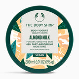 A vibrant The Body Shop Almond Milk Body Yogurt 200 ML with colorful design for dry, sensitive skin, against white background