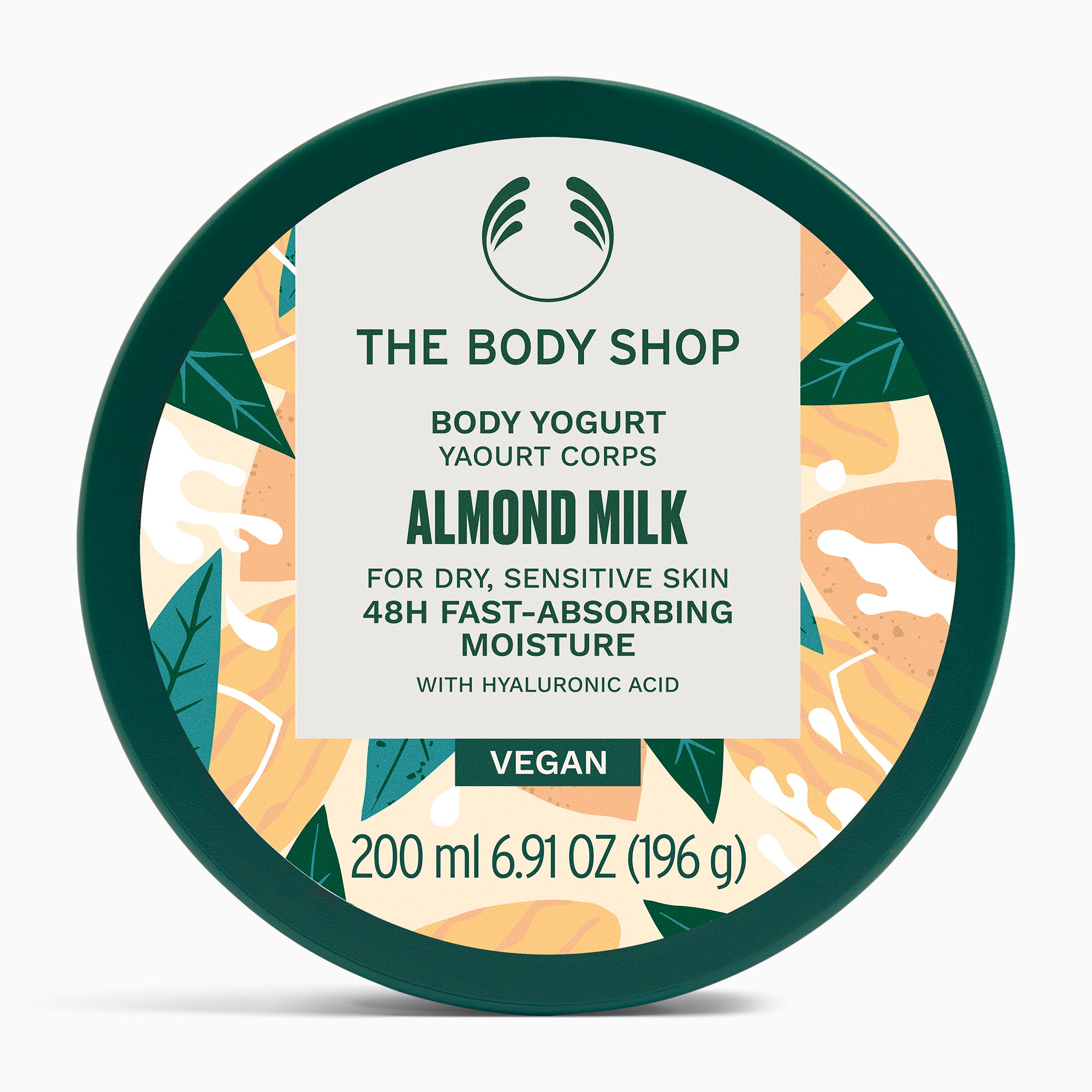 A vibrant The Body Shop Almond Milk Body Yogurt 200 ML with colorful design for dry, sensitive skin, against white background