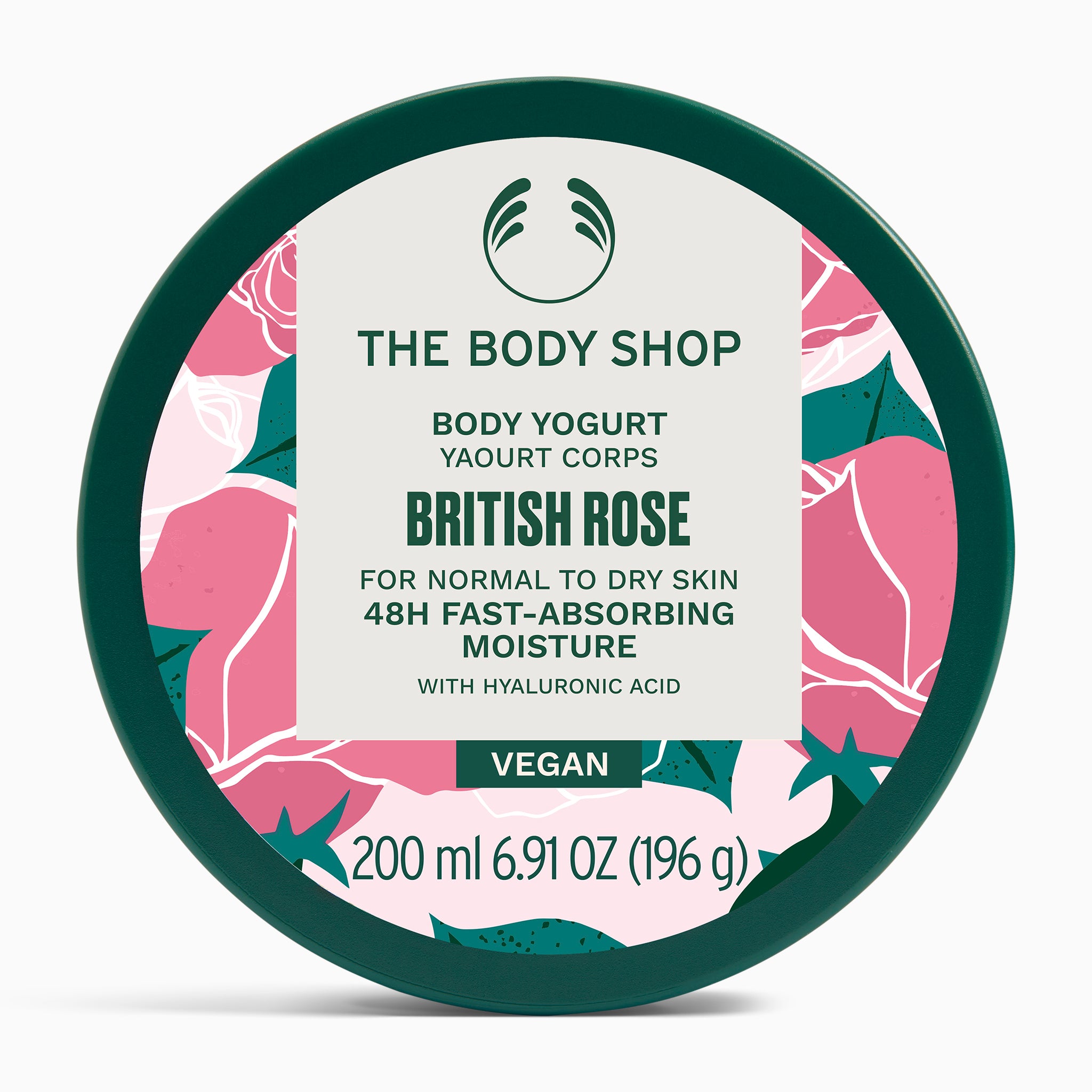 The Body Shop British Rose Body Yogurt 200 ML against a vibrant floral background