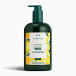 A bottle of The Body Shop Mango Shower Gel 750 ML with vibrant mango illustrations on a clean, uniform background.
