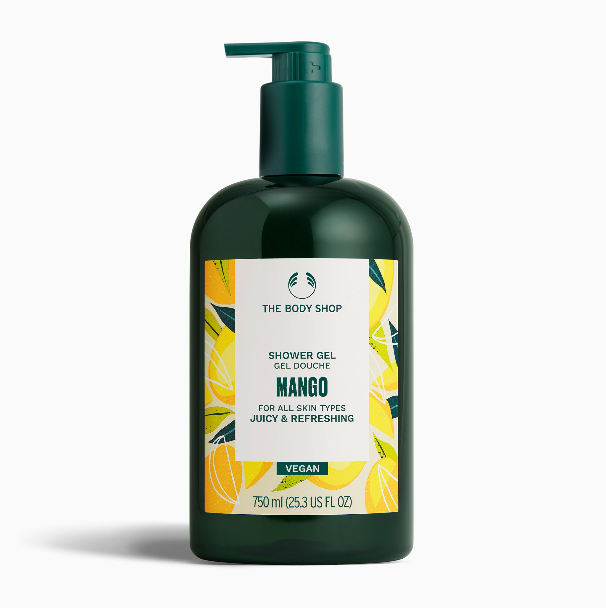A bottle of The Body Shop Mango Shower Gel 750 ML with vibrant mango illustrations on a clean, uniform background.