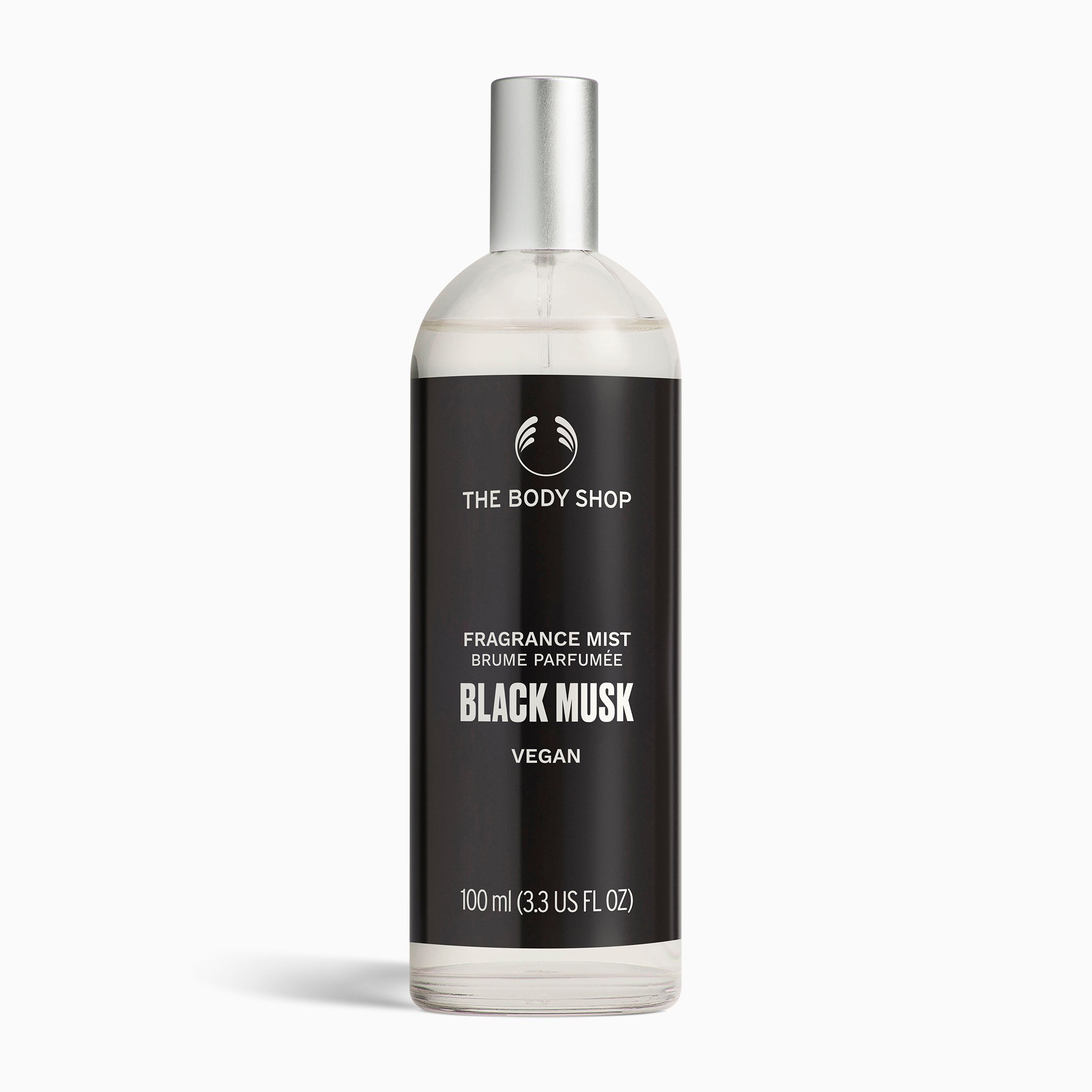 Sleek bottle of The Body Shop Black Musk Fragrance Mist 100 ML on clean background