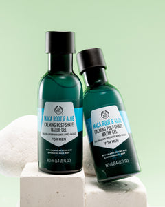 Pair of The Body Shop Maca Root & Aloe Calming Post-Shave Water Gel For Men 160 ML against light green background