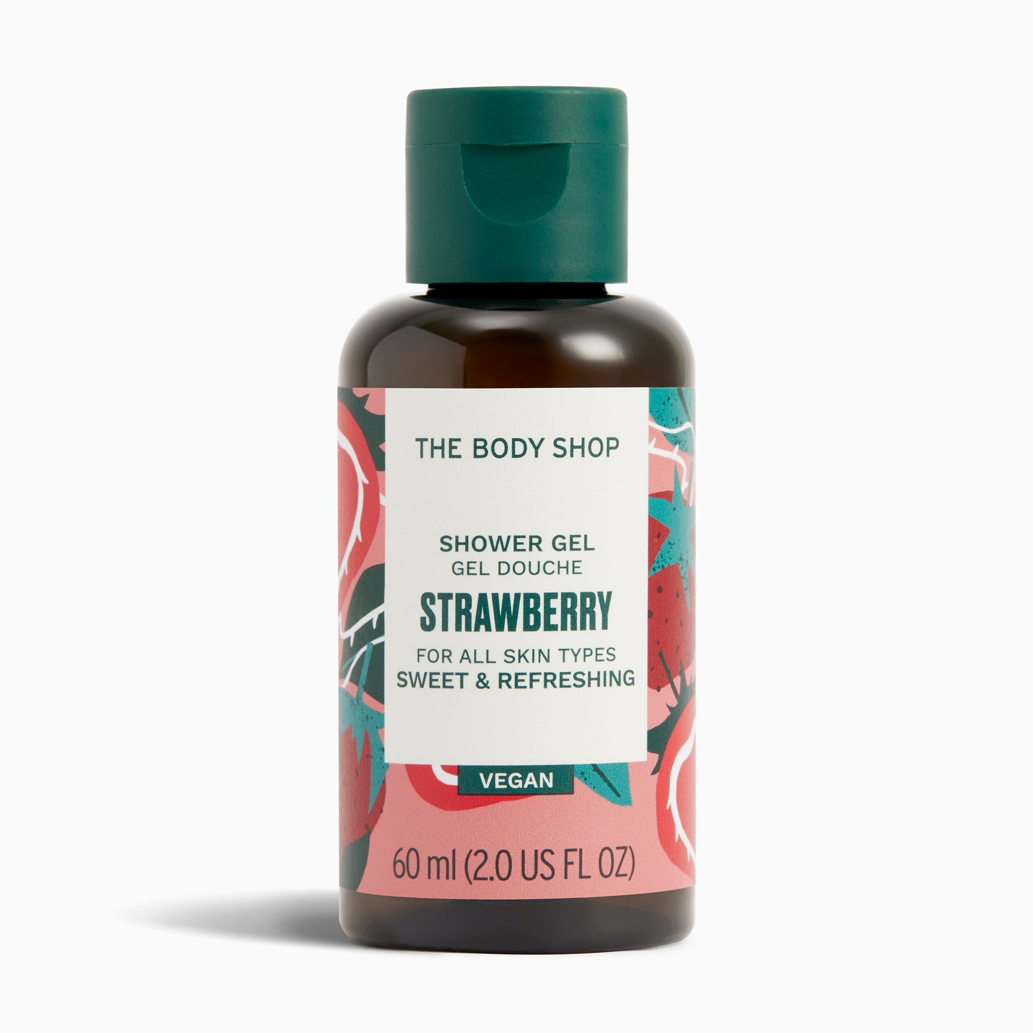 The Body Shop Strawberry shower gel bottle on a white background
