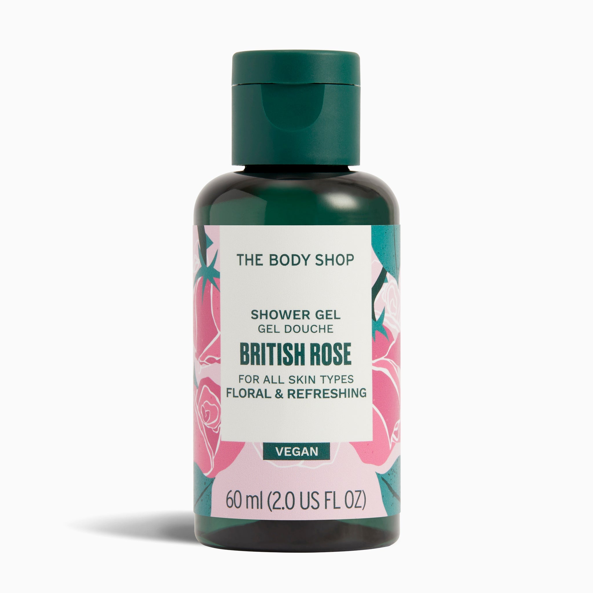The Body Shop British Rose shower gel bottle on a white background