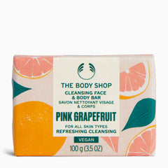 Vibrant packaging of The Body Shop Pink Grapefruit Cleansing Face & Body Bar 100g on a clean background