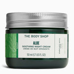 The Body Shop Aloe Soothing Night Cream 50 ML in a clear glass jar with a silver lid against a white background