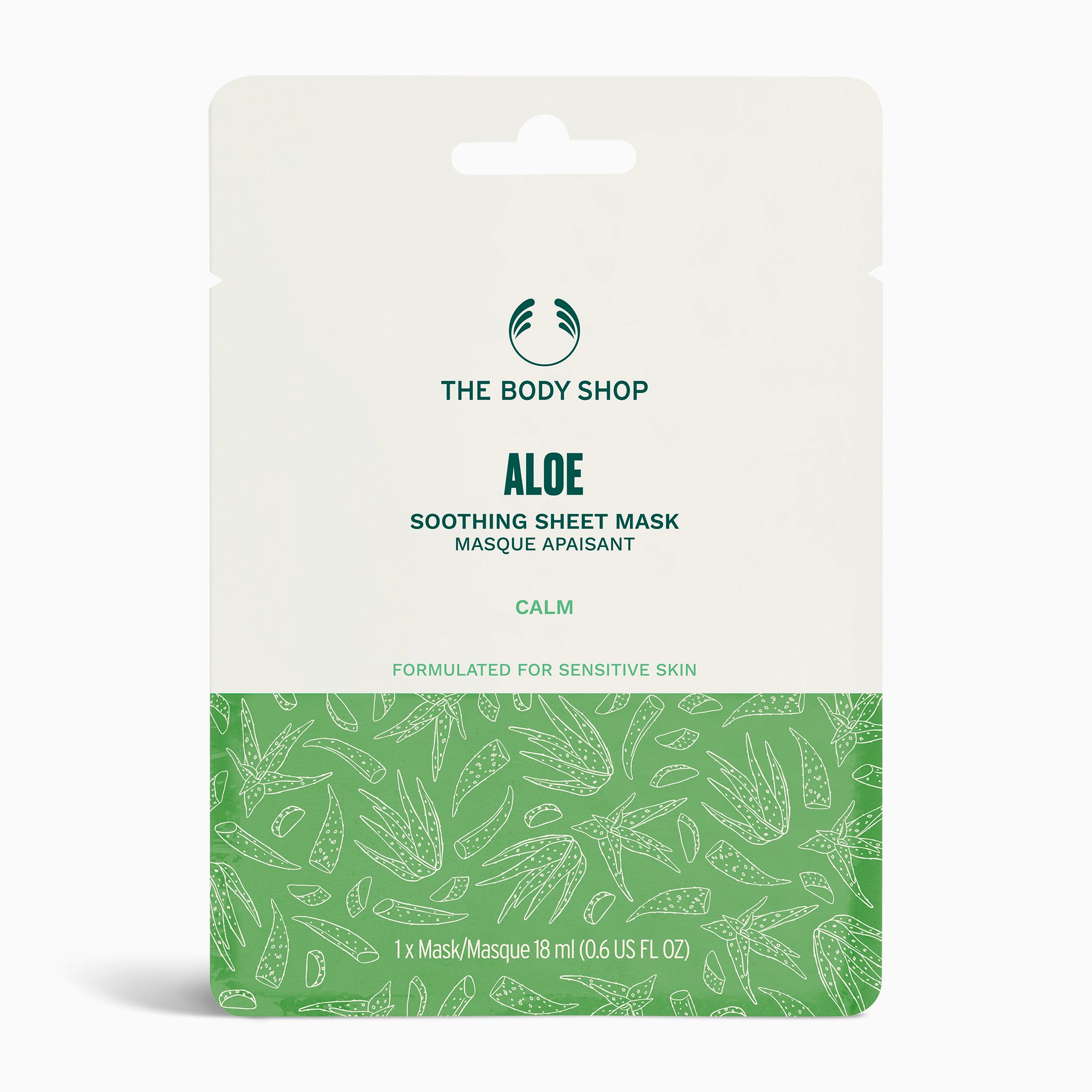 18ml The Body Shop Aloe Soothing Sheet Mask package designed for calming sensitive skin
