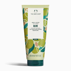 The Body Shop Olive Body Lotion 200 ML showcasing olive ingredients, designed for very dry skin.
