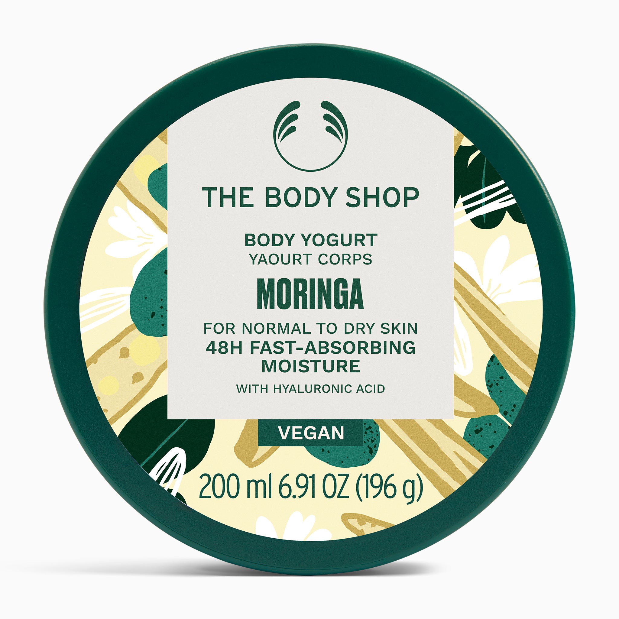 The Body Shop Moringa Body Yogurt 200ML on clean white background, showcasing vibrant botanical design.
