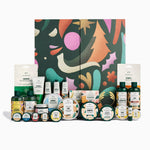 Collection of skincare products with a colorful abstract design in the background