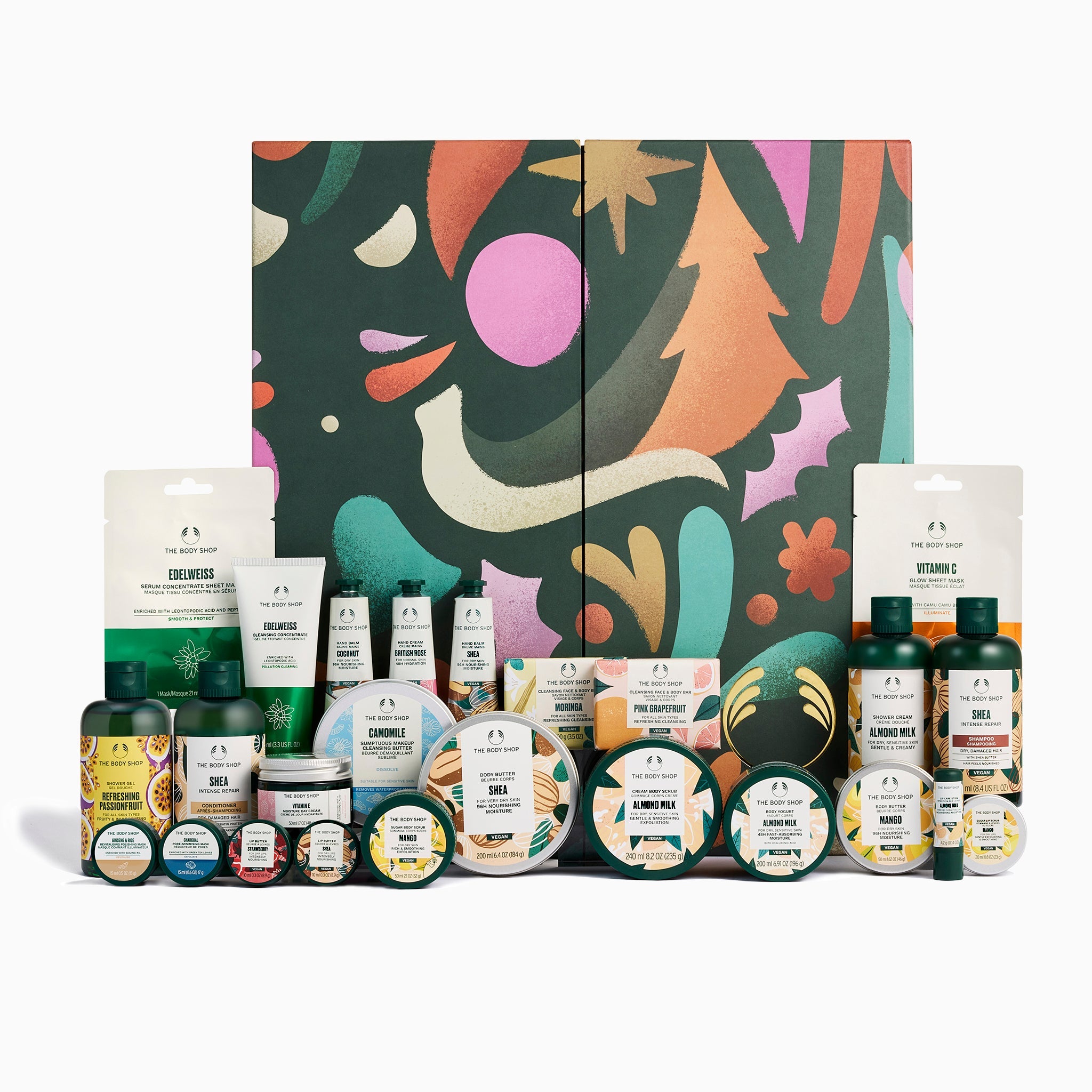 Collection of skincare products with a colorful abstract design in the background