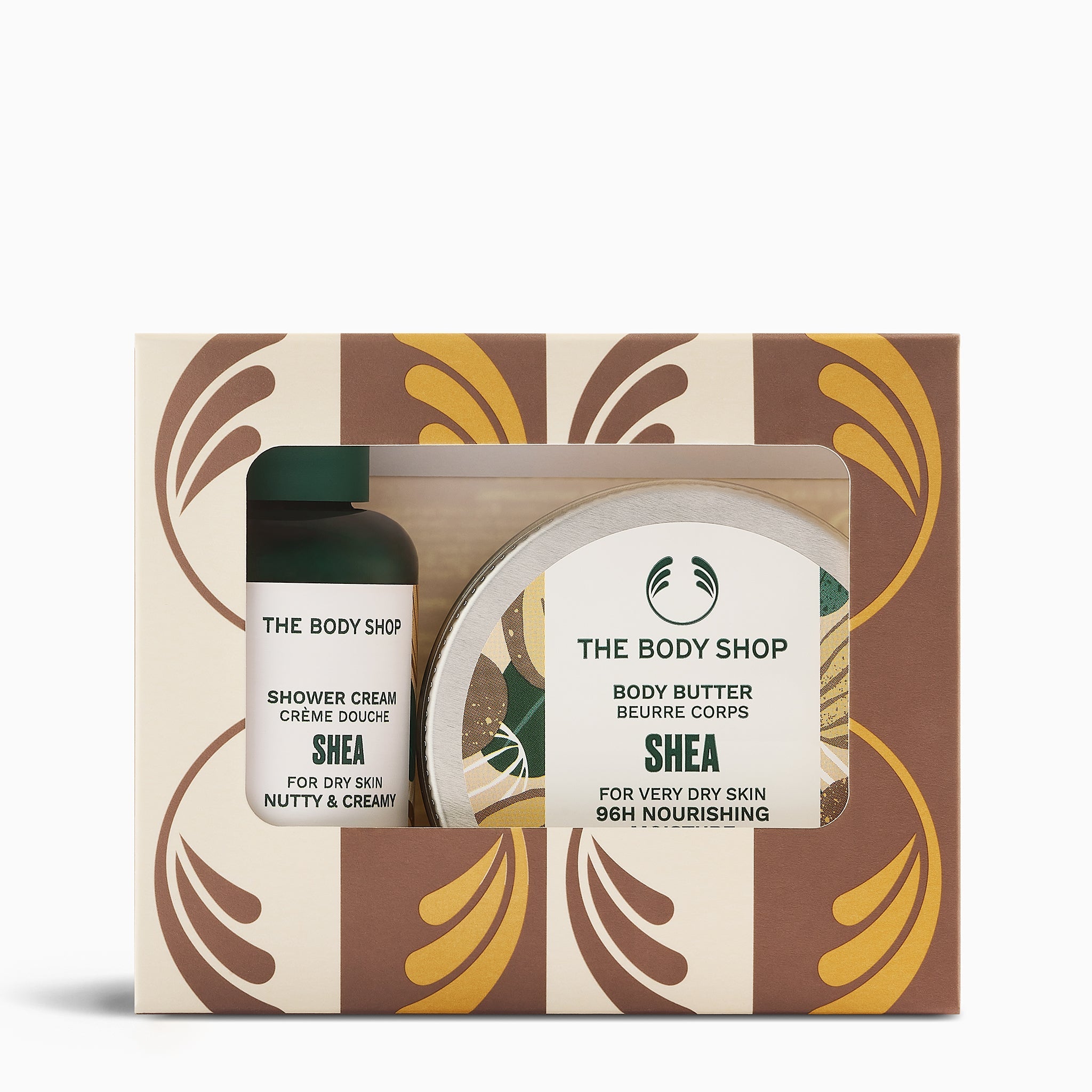 The Body Shop Shea product set with shower cream and body butter in a decorative box.