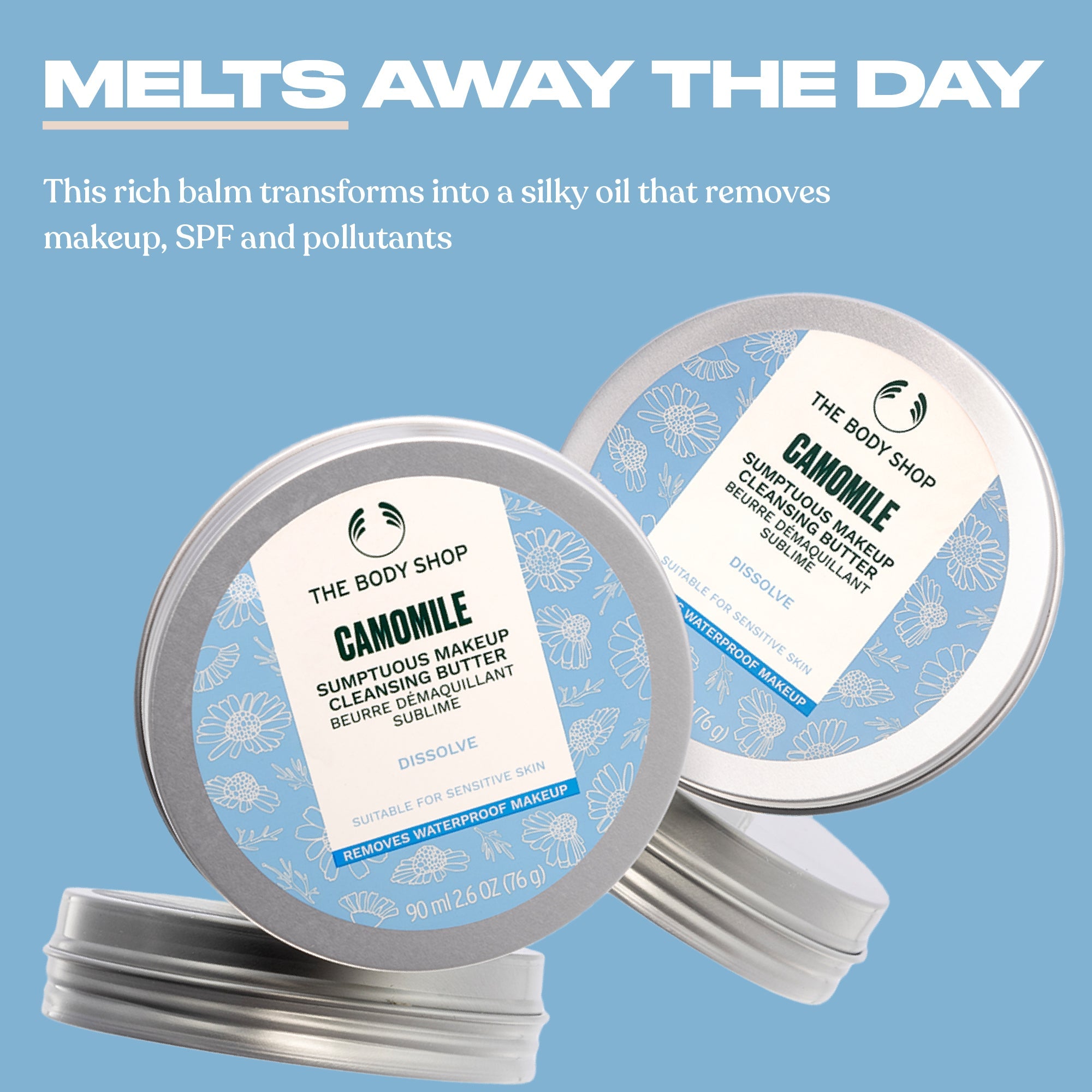 Two containers of The Body Shop Camomile cleansing balm on a blue background with text about its benefits.