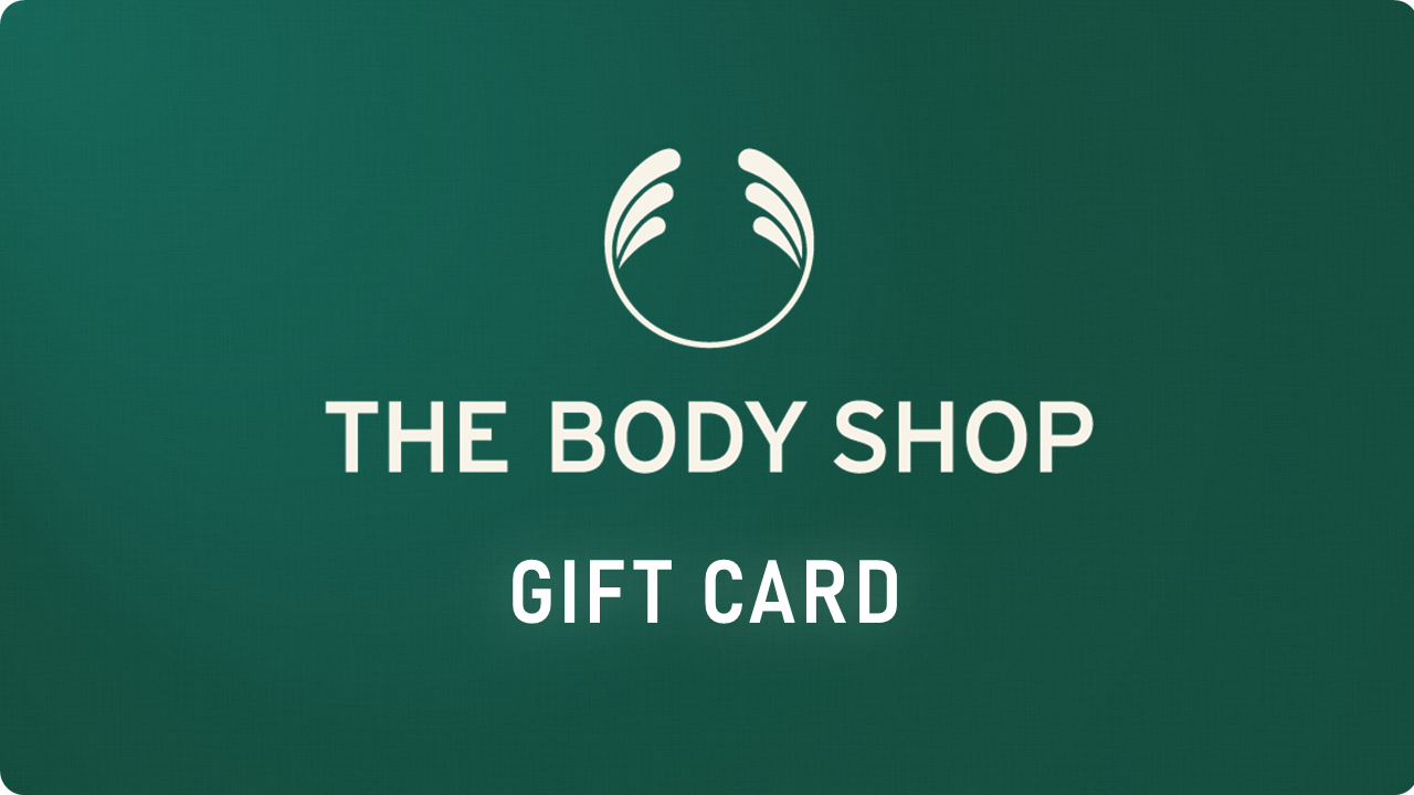 The Body Shop gift card with logo and text on a green background