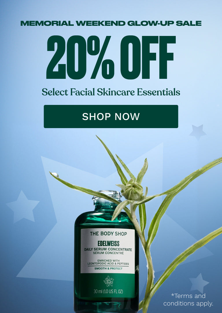 Promotional advertisement for The Body Shop facial skincare essentials with a 20% off discount offer.